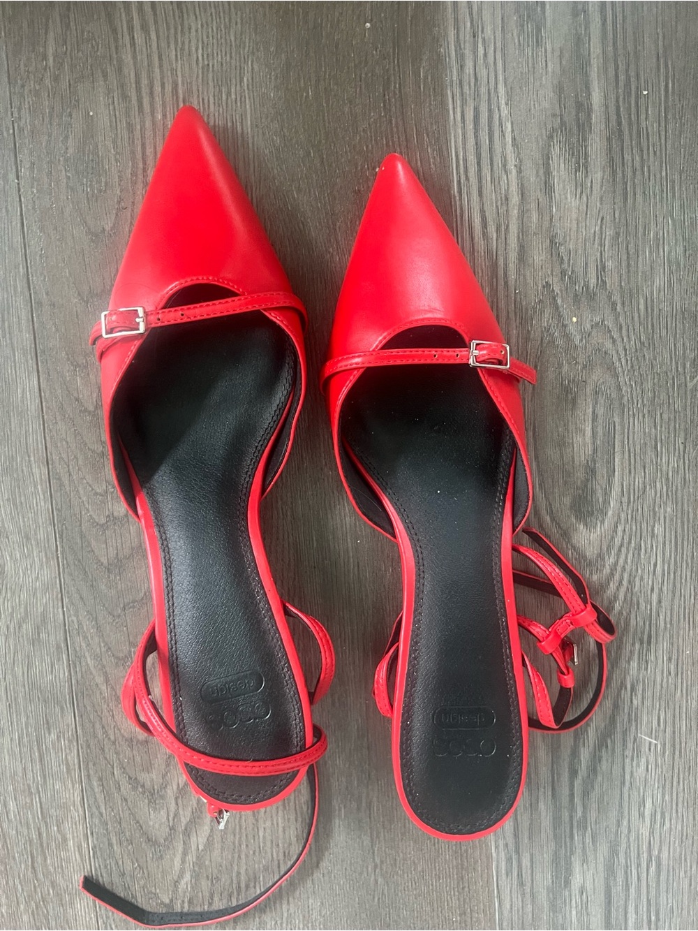 ASOS Red Pointed Mary Jane Flats with Ankle Wrap